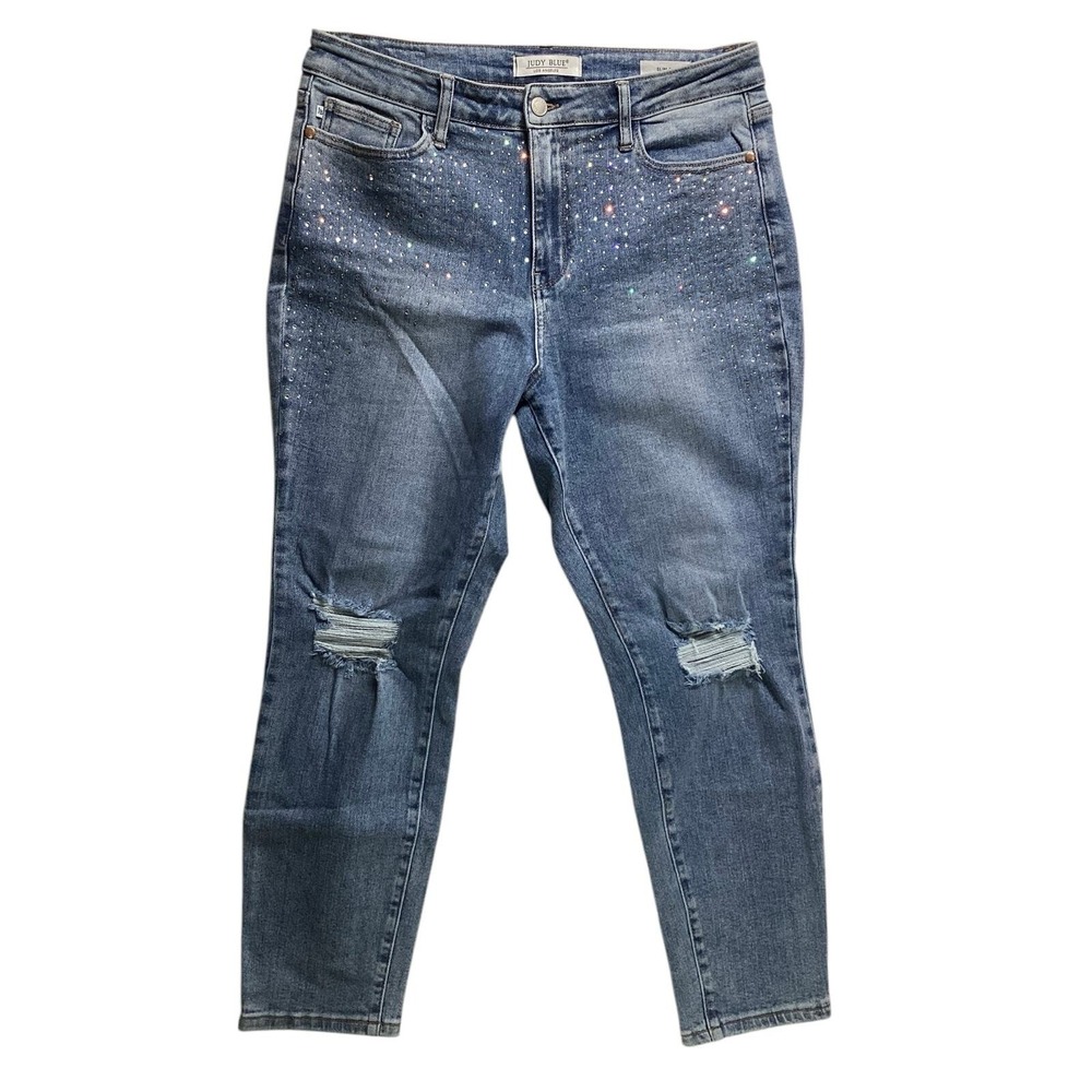 Judy Blue Rhinestone Distressed Jeans women's sz 32 light blue